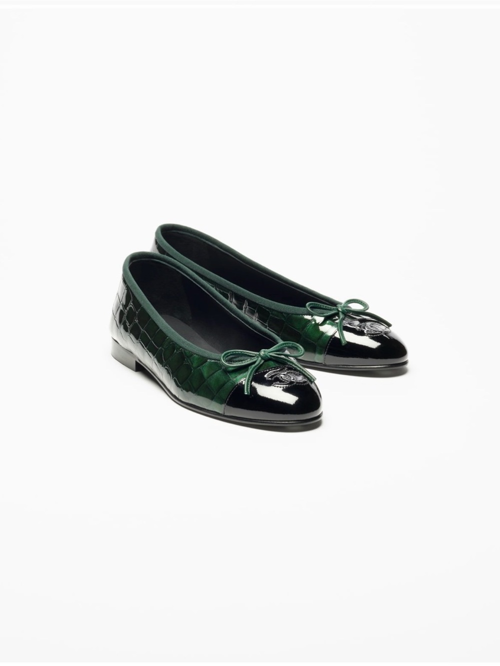 NWT CHANEL Ballet Flats Dark Green Black Croc Embossed Patent Calfskin 38.5